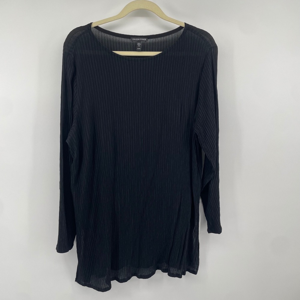 Eileen Fisher Tunic Top Womens XL Black Plisse Crinkle Long Sleeve Side Slit